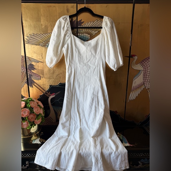 Urban Outfitters Maria White Puff Sleeve Button Front Midi Dress - Size M - Picture 4 of 6
